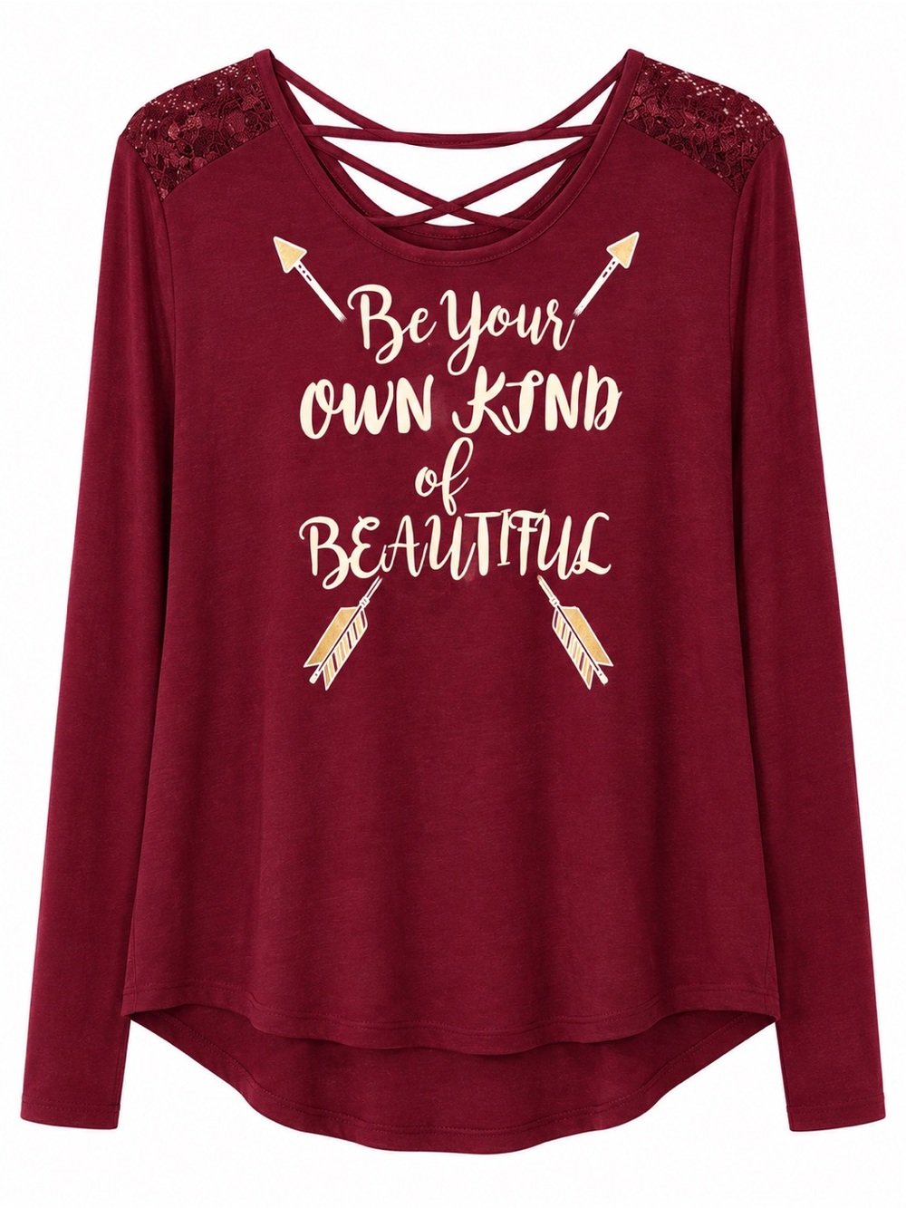No Boundaries Burgundy Long-Sleeve Graphic Top with Lace Shoulders